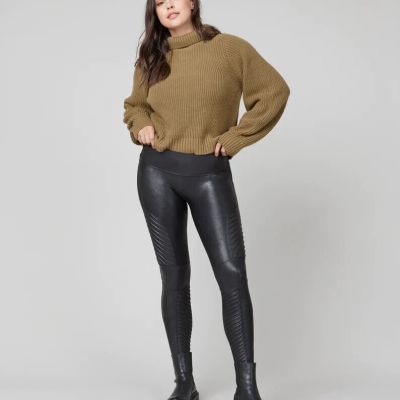 SPANX Faux Leather Moto Leggings shaping biker glossy black pull on M $110 Mint